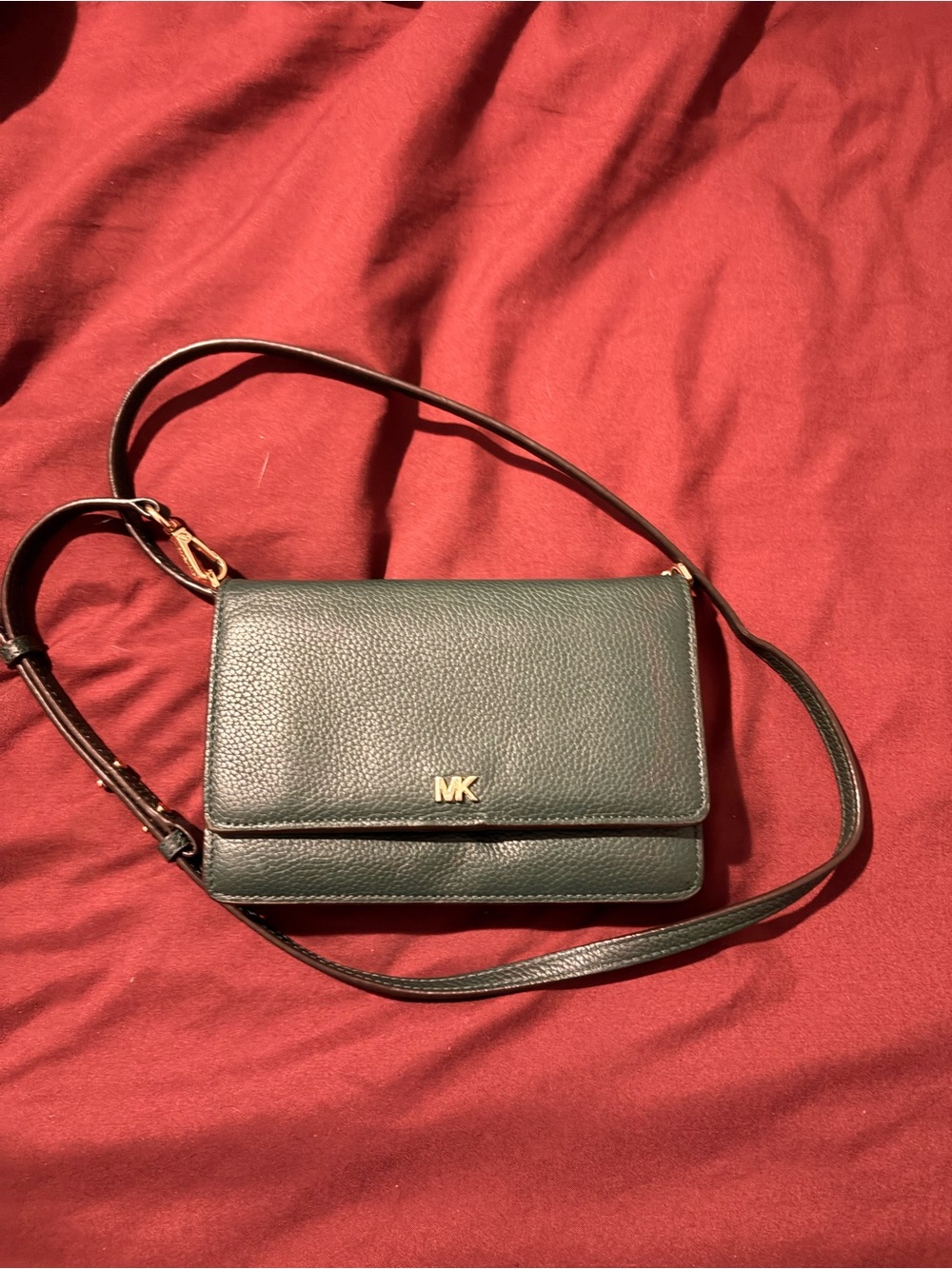 Michael Kors Dark Green Pebbled Leather Crossbody with Gold MK Logo